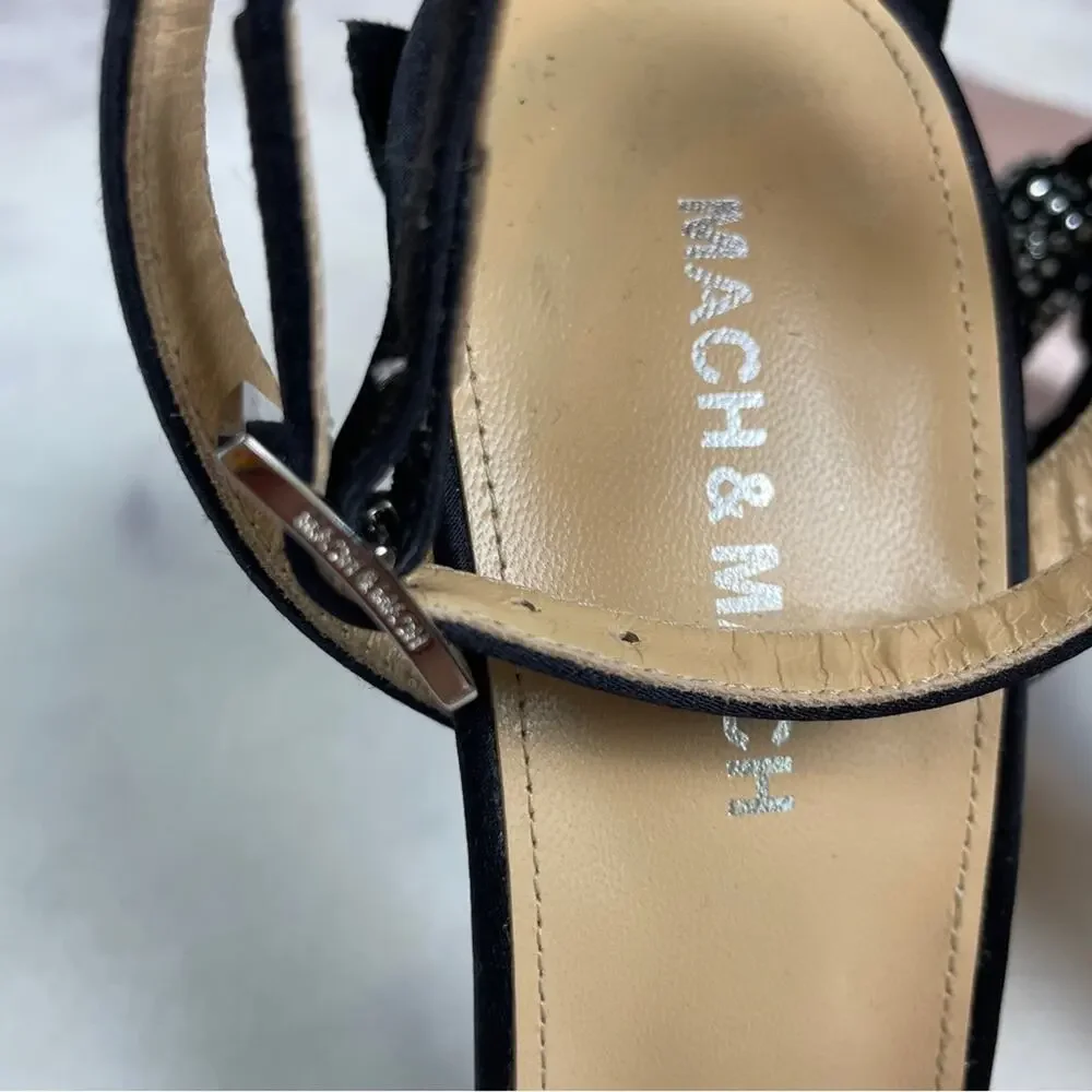 Mach & Mach Crystal Blossom Satin Sandals Black Statement Heels NWOB Sz 38.5/8.5